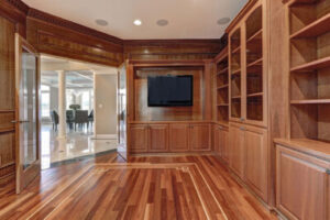 Wooden flooring and cabinetry installed in a suburban home